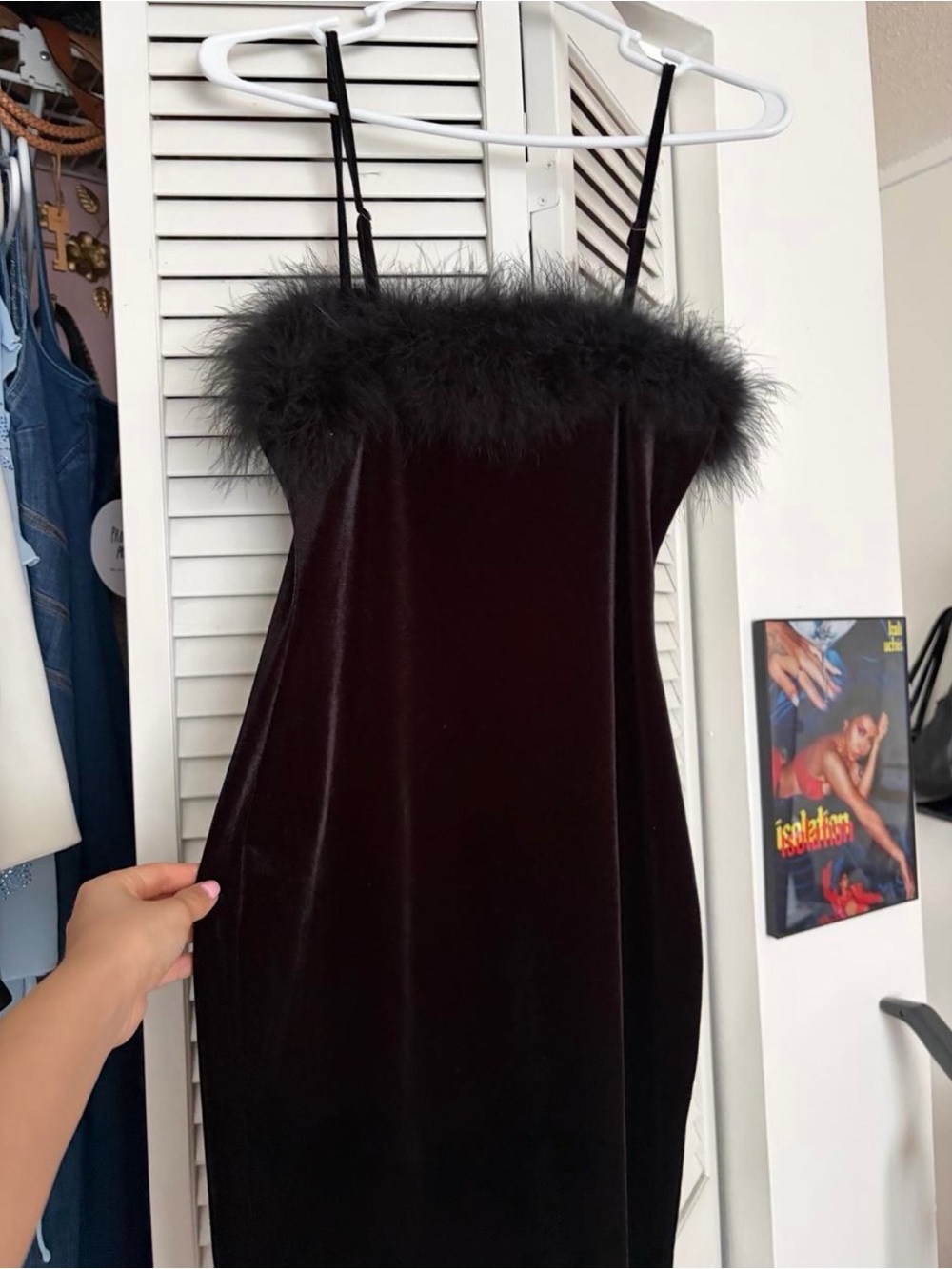 Fashion Nova Black Velvet Feather-Trim Midi Slip Dress - Picture 4 of 5